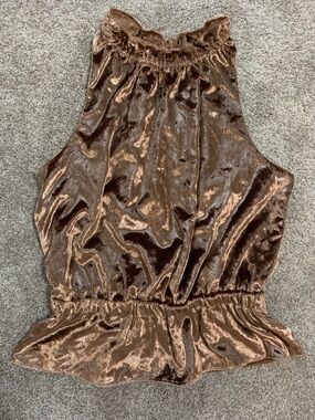 Ramy Brook 'Lonny' Women’s Velvet Shimmer Sleeveless Top Peplum Copper Large